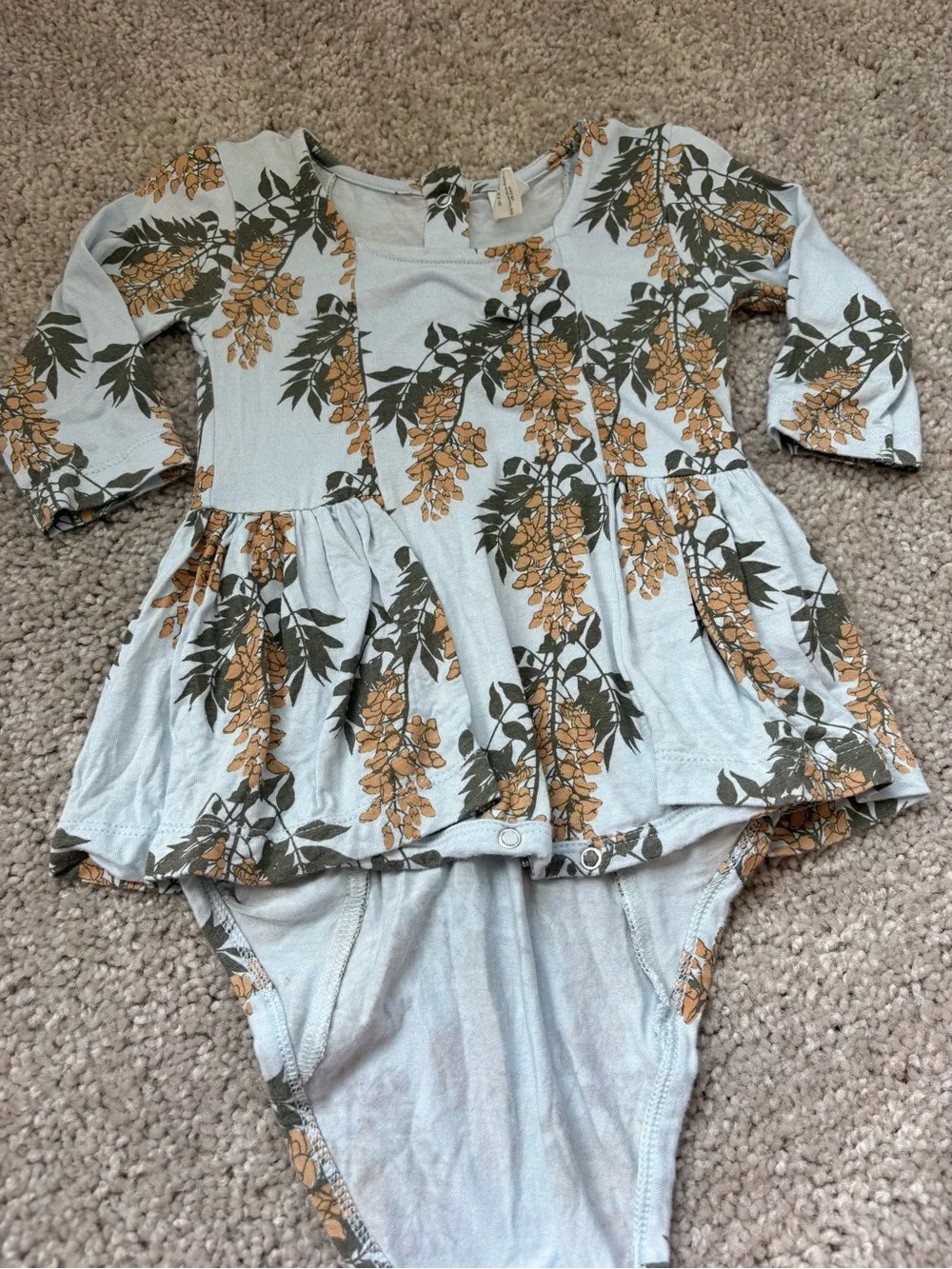 kate quinn Light Blue Floral Peplum Bodysuit with Mustard & Dark Green Print